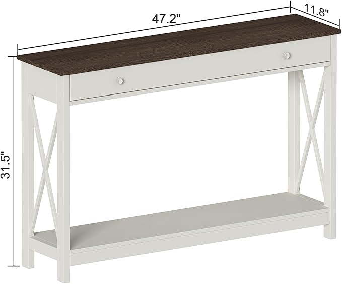 Treocho 47" Farmhouse Console Table with Drawer and Storage Shelves, Foyer Sofa Table Narrow for Entryway, Living Room, Hallway, Antique White & Brown