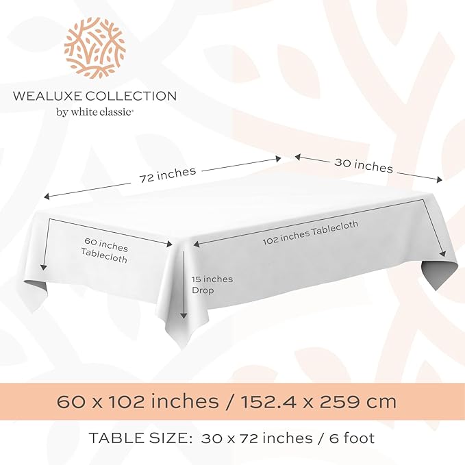 WEALUXE White Table Cloths for 6 Foot Folding Tables [6 Pack, 60x102 Inches] White Tablecloths Rectangular, Stain and Wrinkle Resistant Washable Linen Fabric Cloth