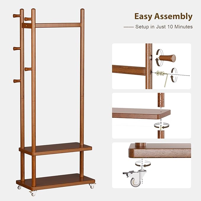 Taitiy Coat Rack Freestanding Clothing Rack with Wheels, Coat Tree Freestanding Heavy Duty with 2 Storage Shelves and 5 Hooks, Wood Garment Rack for Corner Bedroom Hallway Entryway Living Room Hotel