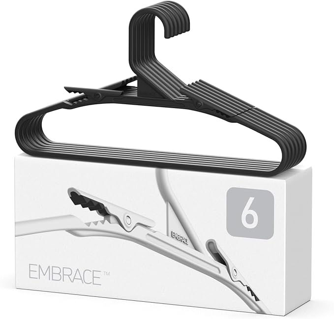 No Hassle-Hangers Best Clothes Hanger Ultra Soft Rubberized Grip Clip Keeps Garments in Place and Off the Floor. Perfect for Wide Neck Silks & Satin Tops, delicates, Athletic wear. (6, Modern Black)