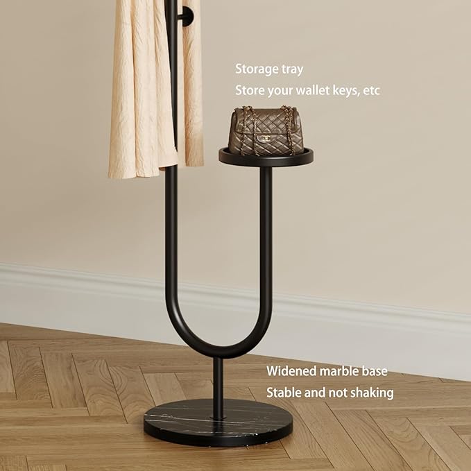 Coat Rack,Metal Free Standing Coat Stand with marble base, Hall Coat Tree with 6 Hooks and Storage Tray,68.9 Inch Tall, for Coats, Hats, Bags, for Entryway, Hallway, Bedroom