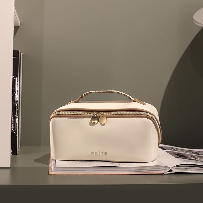 Prite Makeup Bag for Women Travel Waterproof Vegan Leather Cosmetic Bag Open Flat Toiletry Bag With Clear Divider and Handle (Beige, Large Pro)