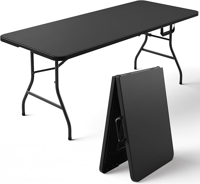 Folding Table 6FT Heavy Duty Plastic Table with Handle, Foldable&Portable, Fold-in-Half Utility Tables for Outdoor, Dining, Wedding, Events, Indoor, Picnic, Camping, Party, Black