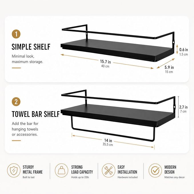 Floating Bathroom Shelves Set of 2 Wall Mounted Shelf with Black Metal Frame and Towel Rack for Bathroom Over Toilet Storage and Organizers for Bedroom Living Room Kitchen Office