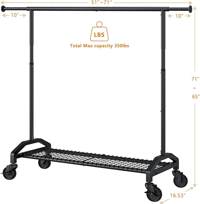 Wiracks Heavy Duty Clothes Rack for Hanging Clothes 350lbs Clothing Rack 3" industrial Wheels 51 to 71" W x 16.53" D x 65" to 71" H Adjustable Rolling Clothes Rack Coat Rack Garment Rack Black