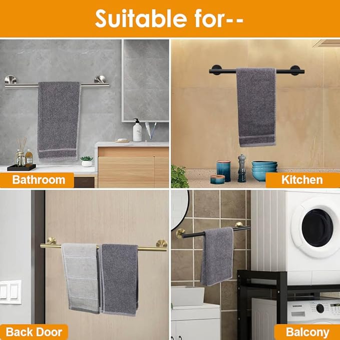 TocTen Bath Towel Bar - Thicken SUS304 Stainless Steel Bathroom Towel Holder, Towel Rod for Bathroom Heavy Duty Wall Mounted Towel Rack Hanger (12IN, Black)