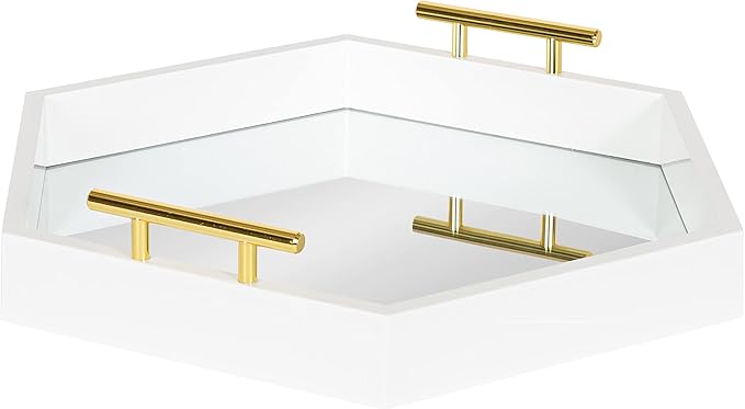Kate and Laurel Lipton Modern Hexagon Mirrored Tray; 18 x 18; White and Gold; Midcentury Decorative Serving Tray for Storage and Display