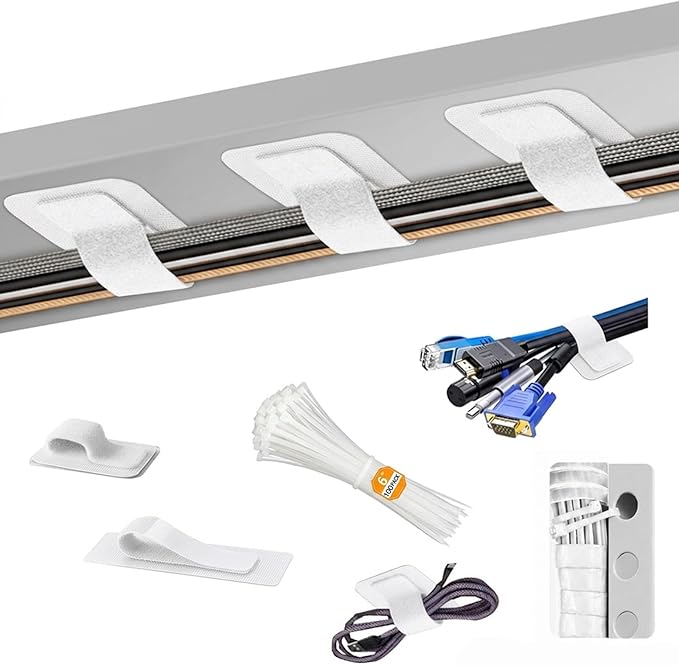 Under Desk Cable Management Set - 20 Pair Adjustable Hook and Loop Cable Ties with Adhesive Backing + 100 Pack 6 Inch Zip Ties, Complete Cord Organizer Kit for Home Office Desk Wire Management (White)