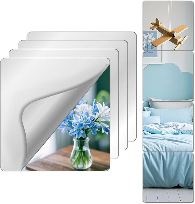 Unbreakable Mirror Tiles, 4PCS 16”x16” Peel and Stick on Mirror for Wall Mirrors Decorative, Toddlers for Kids Bedroom, Plastic Gym Door Small Adhesive Mirrors for Classroom Decor Stickers