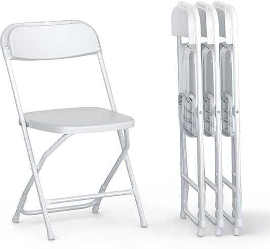 4 PACK White Foldable Plastic Chair | Folding & Stackable | 350 lbs Capacity Steel Frame Seats for Indoor Outdoor | Commercial Use Events Wedding Party Events Bulk Picnic Kitchen Dining