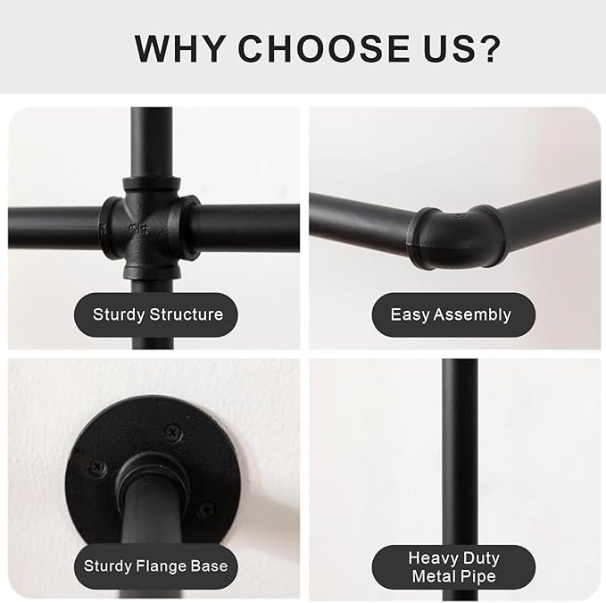 Industrial Pipe Clothing Racks Wall Mounted, Rustic Black Industrial Pipe Clothes Rack Design - Stylish & Heavy Duty Corner Garment Racks, Perfect for Home or Retail Display
