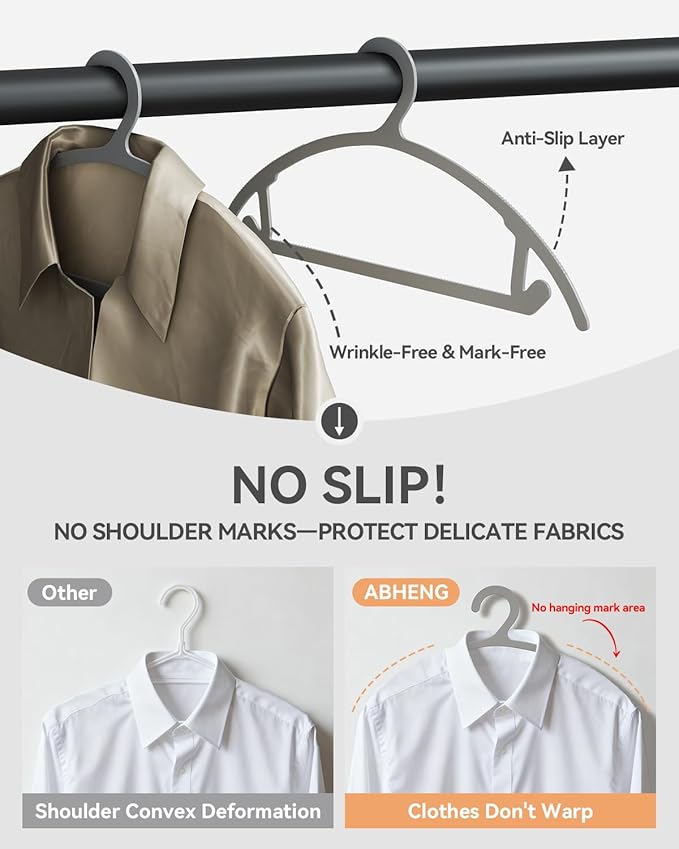 ABHENG 100 Pack Clothes Hangers, Non Slip Heavy Duty Plastic Hangers, Space Saving All-in-One Garment Hangers for Dresses Suits Jeans Knits, Hold Up to 11 LB Dry & Wet, 16.4" x 8.3",Gray,UAPY08100G