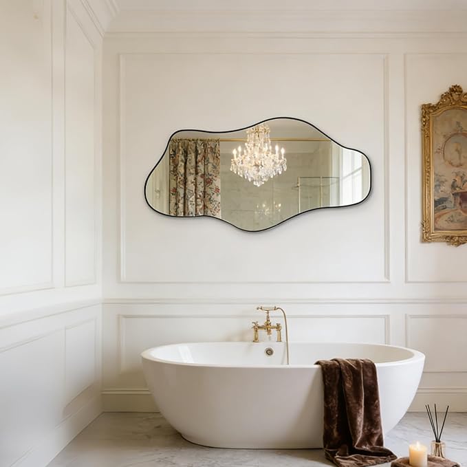 Irregular Frameless Mirror, 47.2"x24" Asymmetrical Aesthetic Mirror, Modern Organic Tempered Glass Mirrors for Living Room Bedroom Hallway Entryway, Horizontal or Vertical Hanging