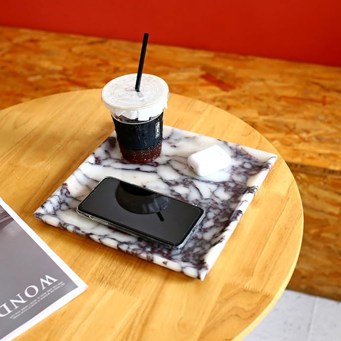 DUANYAN Natural Marble Tray, Coffee Table, Food, Fruit, Paper Cup, Cake Display, Coffee bar, Family Gatherings, Seasonal Holiday Decoration Tray(Viola-square-9.8"x9.8"x0.7")