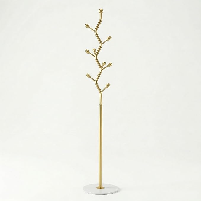 Tree Branch Gold Powder Coated Freestanding Coat Rack with 13.8in Marble Base, 8-Hook Heavy Duty for Entryway