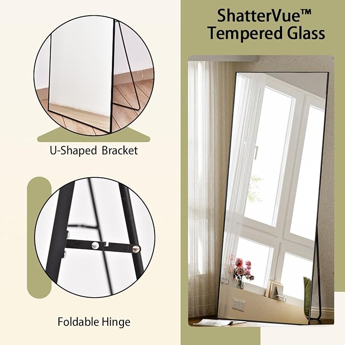 BEAUTYPEAK Full Length Mirror with Stand, 56"x21" Floor Mirror with Aluminum Alloy Thin Frame, ShatterVue Tempered Full Body Mirrors, Free Standing or Wall-Mounted Mirrors for Living Room, Black