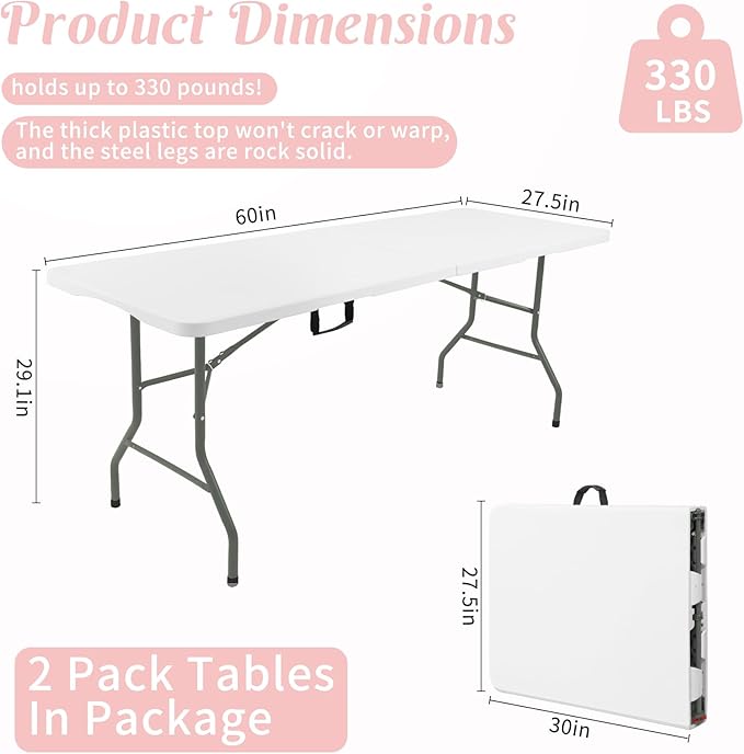 2 Pack 5 Feet Portable Folding Table White, Steel Legs Fold-in-Half with Carrying Handle Rectangular Plastic Foldable Table for Party, Wedding, Camping, Picnic, Dining, Indoor Outdoor Events (White)
