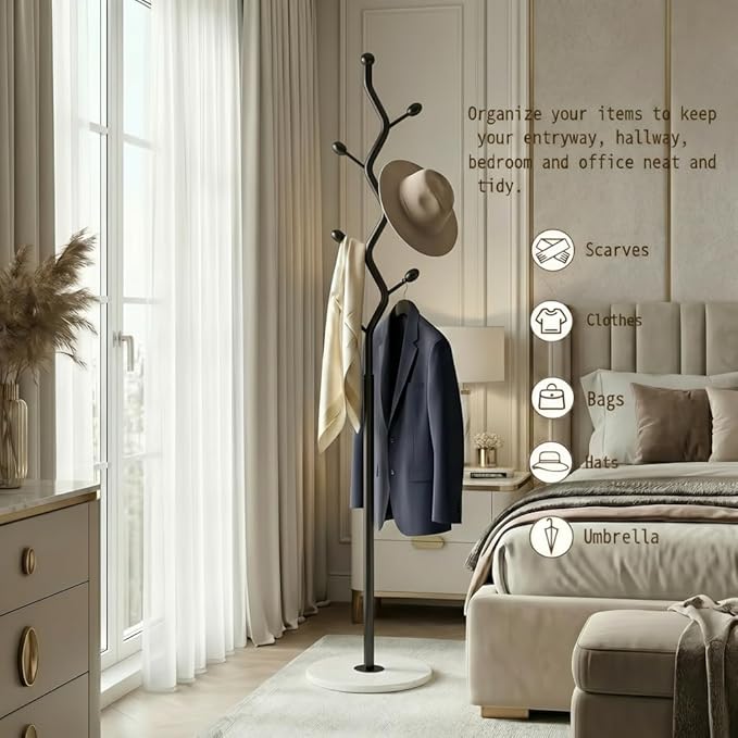 Freestanding Tree Branch Coat Rack with Marble Base, Gold Decorative Standing Coat Rack with 8 Hooks, Sturdy Heavy Duty Metal Coat Hanger Stand for Entryway Bedroom Living Room (Black + White)
