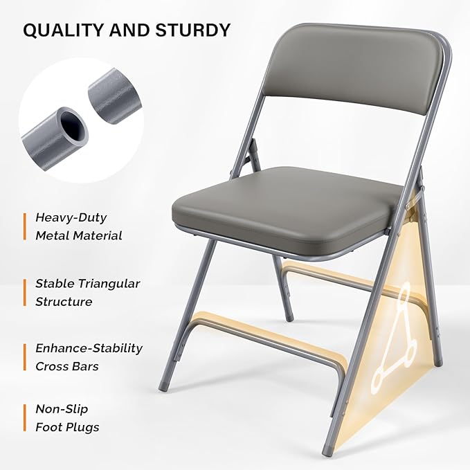 VINGLI Padded Folding Chairs with Thick Seat Cushion, Portable, Durable & Extra Comfortable Foldable Chairs for Indoor & Outdoor Events, Banquet, Party, Dinning, Work, Craft, PU, Gray, 2 Pack