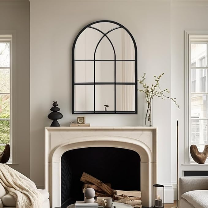 Dewfig Arched Window Wall Mirror, 30"x20" Window Pane Mirrors, Vanity Mirrors for Bathroom, Bedroom, Entryway, Living Room, Farmhouse Mirrors for Wall Decor, Metal Frame, Black