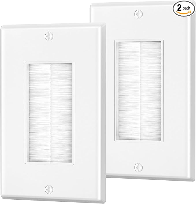 Brush Wall Plate, Single Gang Wall Plate Cable Pass Through for Low Voltage Wires, Cord Hider for Wall Mount TV, 2-Pack, White