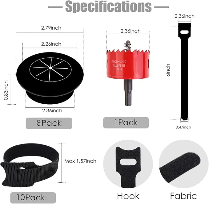 6 Pack Cord Hider for Wall Mounted TV, 2-3/8"(60mm Hole) Cord Hider for TV Wall, Wall Cable Management Kit, Includes 6 Black Pass Throughs, 1 Hole Saw Drill Attachment & 10 Cable Ties for Easy Install