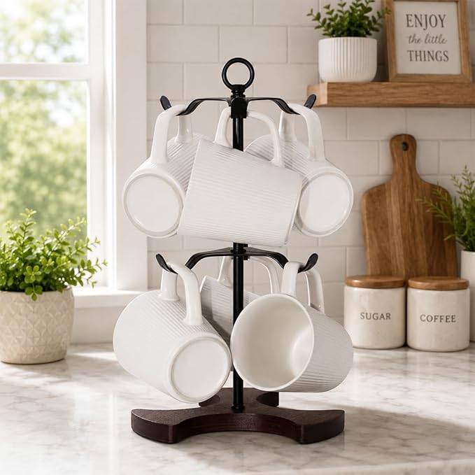 2-Tier Mug Tree Holder for Countertop - Matte Black Metal Coffee Cup Stand with Wood Base - Industrial 6-Hook Mug Rack Organizer for Kitchen Coffee Bar, Modern Farmhouse Decor