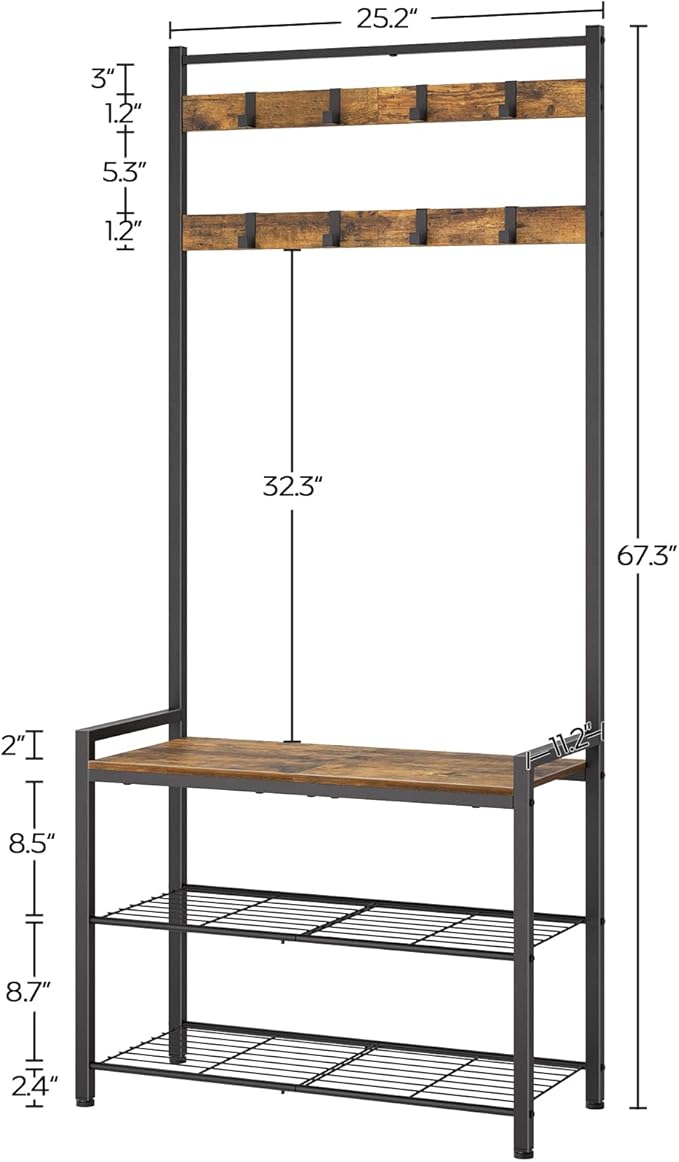 YATINEY Hall Tree, Coat Rack with Shoe Bench, Entryway Bench with Shoe Storage, Multifunctional Entryway Storage Organizer, Metal Frame and 8 Movable Hooks, for Hallway, Rustic Brown MT01BR