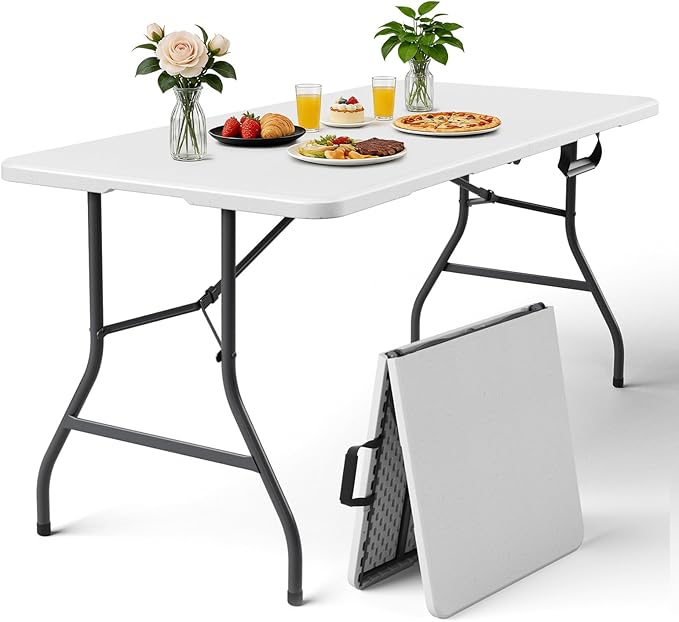 Folding Table 1 Pack, 5FT Folding Table Portable with Built-in Handle, Heavy Duty Plastic Table with Steel Legs Supports to 300lbs, Suitable for Party, Camping, Events Indoor&Outdoor Use, White