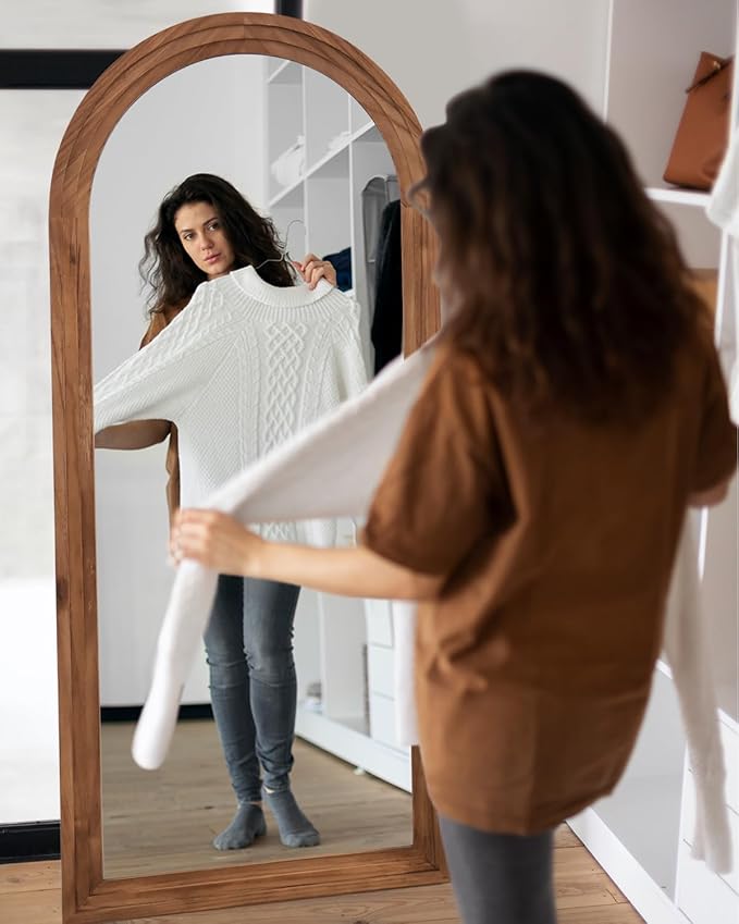 Full Length Mirror, 71"x32" Wooden Mirror Full Length with Stand Wood Floor Mirror, Oversized Stand Up Mirrors Large Wall Mirrors, Wall Mounted Mirrors, Arched Wood Style, Brown