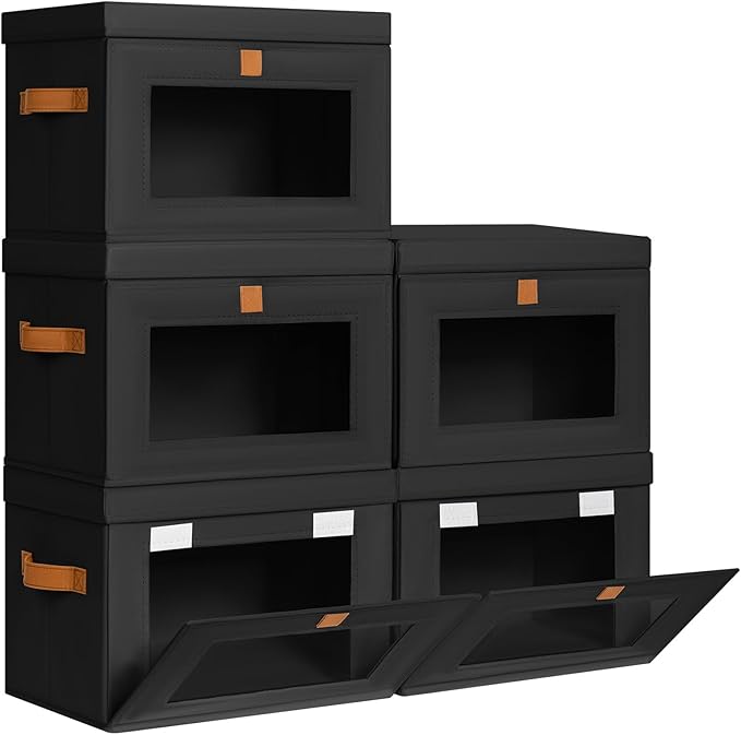Homsorout Medium Fabric Storage bins - Closet Shelf Organizer with Open Window, 5 Pack Closet Baskets for Shelves, Stackable Decorative Boxes for Home, Dorm, Black, 13.7" x 9.8” x 9.8"
