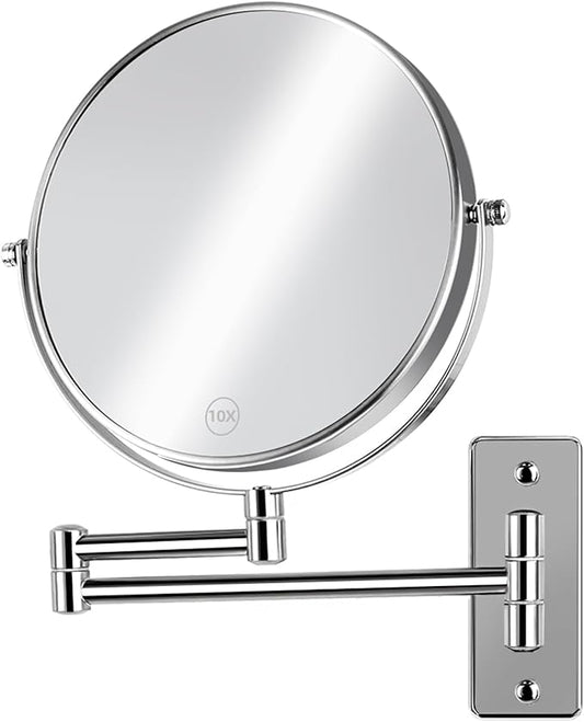 8 inch Wall Mounted Makeup Mirror, 1X/10X Magnifying Double-Sided Wall Mount Shaving Mirror (Close-Up 10X) with Extendable Arm, 360° Swivel for Bathroom Vanity, Chrome (No Light)