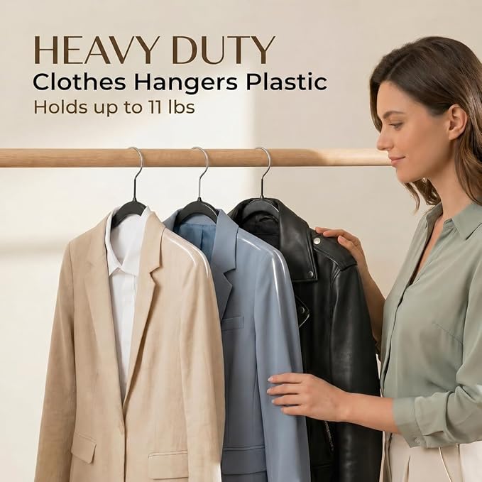 Smarter Plastic Hangers 200 Pack - Thin Hangers Non-Velvet with 360° Swivel Chrome Hook & Notches, Sweater Hanger No Shoulder Bump - Ideal for Dresses, Coats, Shirt, Jacket, Sweater - Black