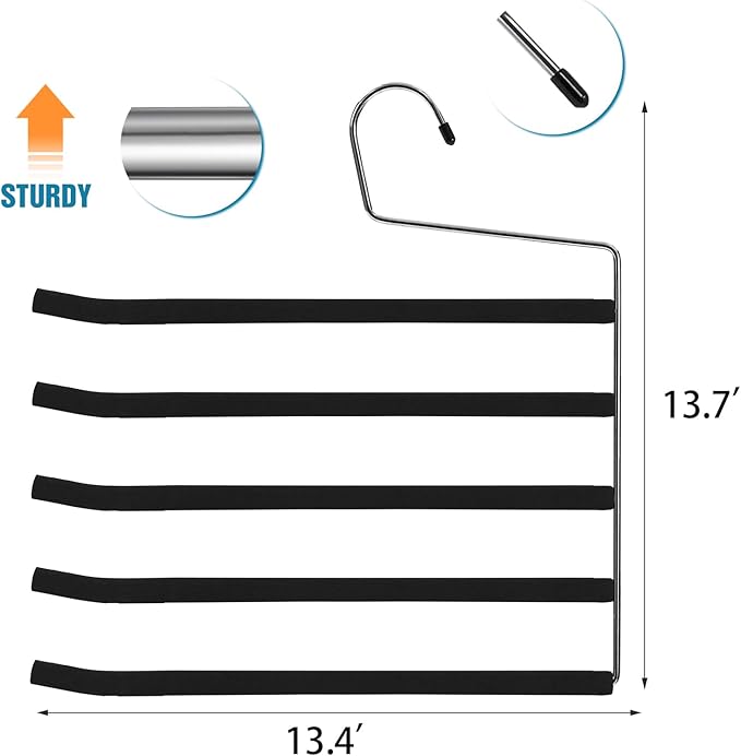 Multi Layer Space Saving Non Slip Tiered Foam Padded No Creases Pants Hangers 5 Tier Steel Open Ended Black 5 Pack