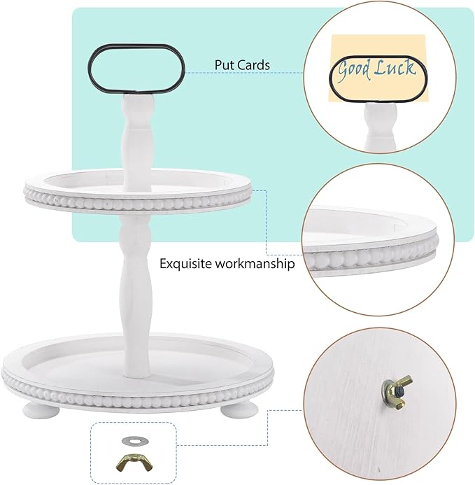 Urban Deco Wooden Decorative Tray Two Tiered Trays Decorations Round Serving Tray with Metal Handle, Wooden Cupcake Stand for Party Tiered Dessert Stand - Retro White Farmhouse Wood Tray