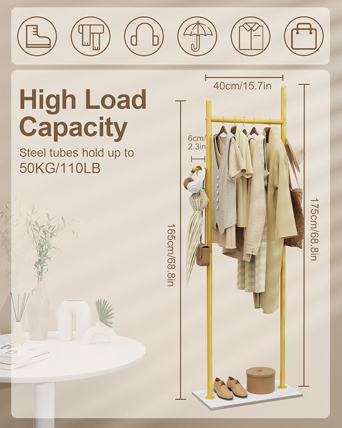 Large Metal Coat Rack Freestanding, Modern Coat Hanger Stand with 2 Hooks and Heavy Rock Slab Base, Industrial Clothes Rack, Garment Rack, 19.7 x 11.8 x 68.9 In, Golden Yellow, GYJ202MWJ