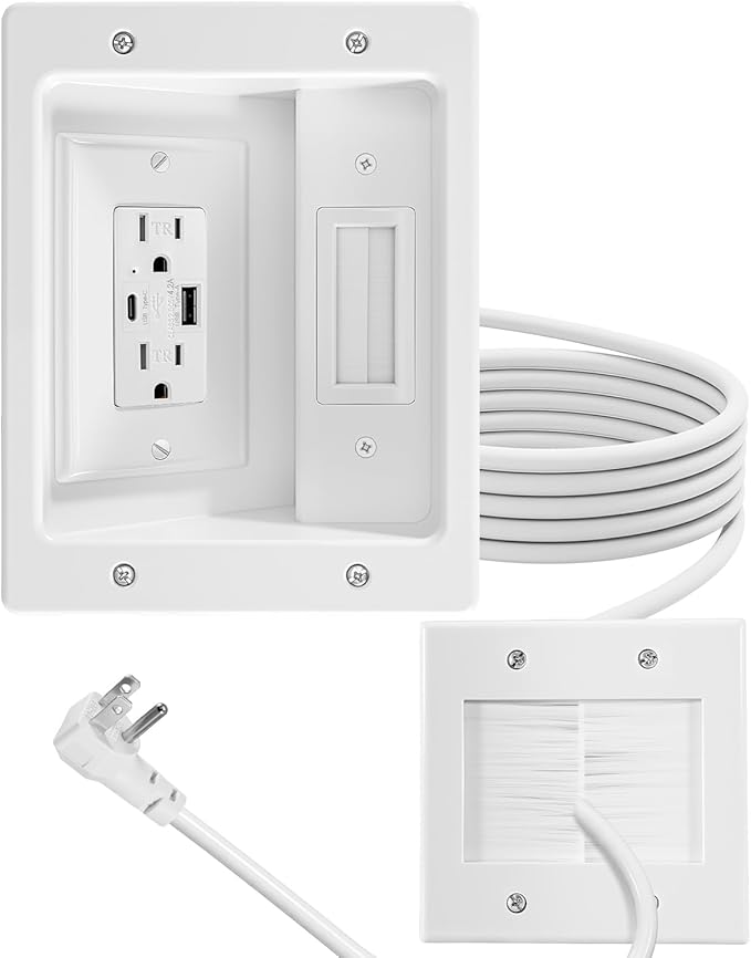 TV Cord Hider for Wall Mounted TV with Recessed Wall Outlet, in-Wall Cable Management Kit with 9.84ft Cord, DIY Installation Kit with Hardware, for Workspace Living Room (2AC + USB-A + USB C)