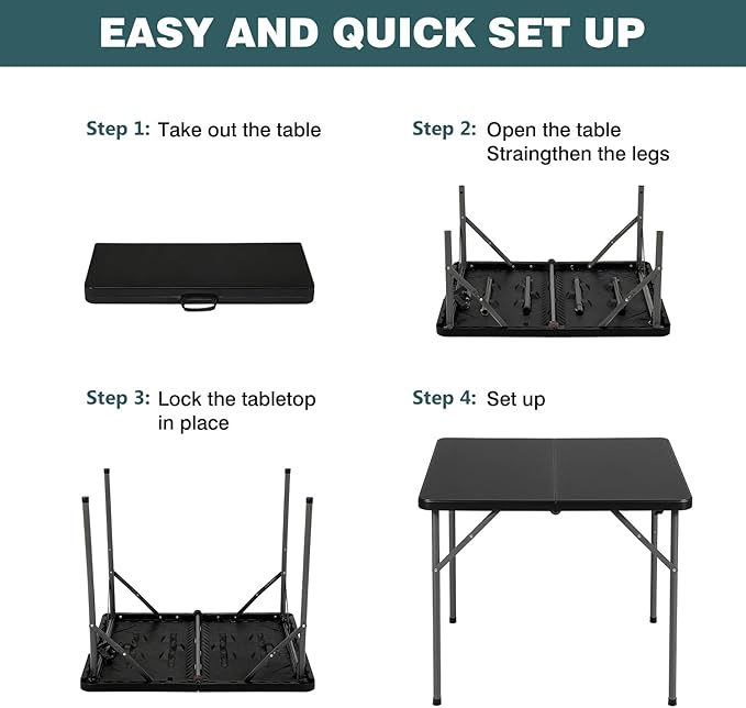 FDW 34" Square Outdoor Dining Table, Foldable Portable Plastic Folding Card Table with Built in Carrying Handle and Height Adjustable for Party and Wedding Use, Black