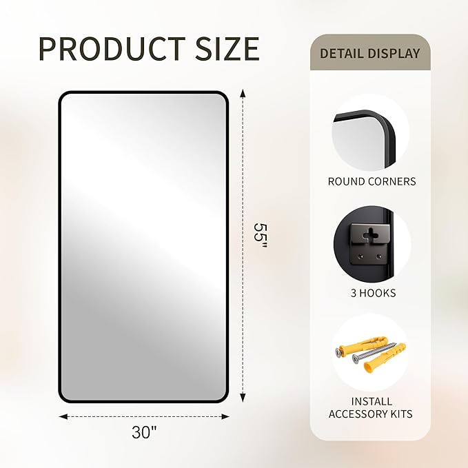 FICTOR Bathroom Mirror, 30"x55" Black Framed Vanity Mirror for Wall, Shatterproof &Anti-Rust Bathroom Mirrors for Over Sink, Bedroom, Living Room, Entryway, Vertical/Horizontal Mount