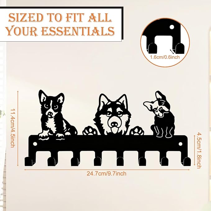 Dog Leash Holder for Wall, Key Holder Wall Mount with 8 Metal Hooks, Key Hooks for Wall, Screw Mounted Rust Resistant Entryway Organizer for Leashes Keys Bags Hats Collars