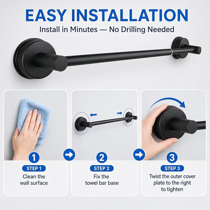 Extendable Suction Cup Towel Bar, Matte Black Stainless Steel No Drill Towel Holder for Bathroom, Adjustable Wall Mounted Towel Rack for Shower, Kitchen, RV, Smooth Tile, Glass, Mirror and Metal