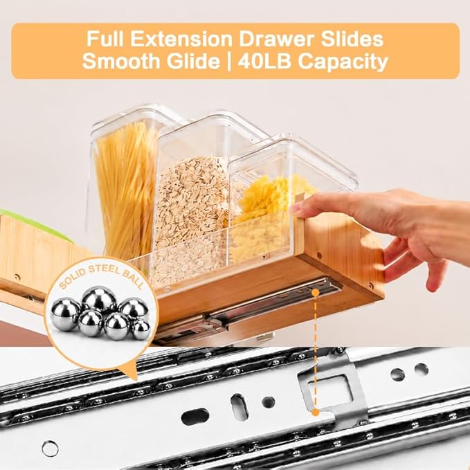 Bamboo Pull Out Spice Rack Organizer for Cabinet, 9"W x 10.6"D x 4.8"H Low Profile Pantry Vertical Organization with 2 Slide Out Drawers(4.3"w), Kitchen Storage for Spice Jars & Pantry Essentials