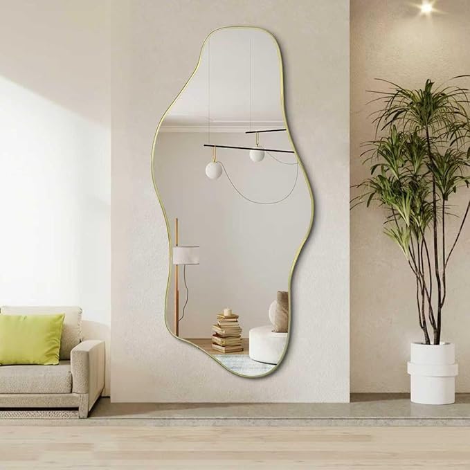 Irregular Full Length Mirror, 67"x31" Large Asymmetrical Tempered Glass Mirror, Gold Organic Frameless Wall Mirrors for Living Room Bedroom Hallway Entryway, Horizontal or Vertical Hanging