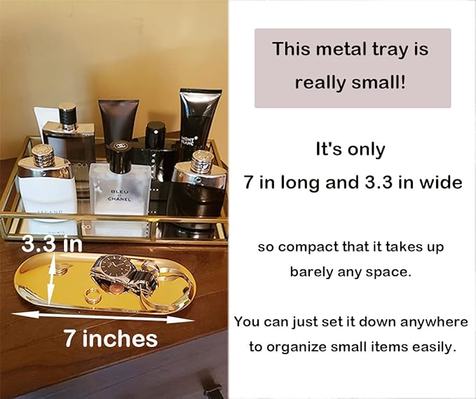 Stainless Steel Decorative Tray, Set of 2, 7 Inch Long, Jewelry Dish Cosmetics Organizer Bathroom Clutter Serving Platter Small Storage Tray, Oval, Gold