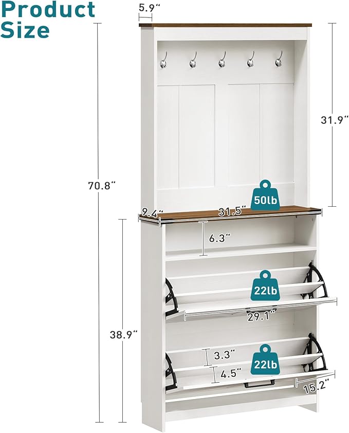 Farmhouse Shoe Cabinet with Coat Rack, Tall Shoe Cabinet with 2 Flip Drawers, Narrow Hidden Shoe Storage Cabinet, 2 in 1 Hall Tree Slim Freestanding Shoe Rack Organizer for Entryway, LED Light, White