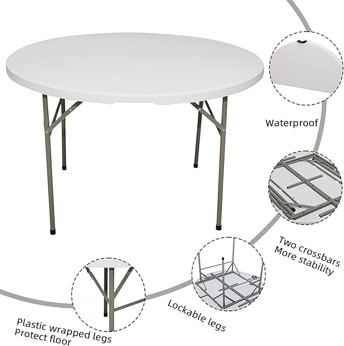 PRO&Family Commercial Round Folding Table, White Top, Powder-Coated Steel Frame, High-Impact Polyethylene Construction, Perfect for Wedding, Party, Shool, Church. (9, 60" Bi-Fold)