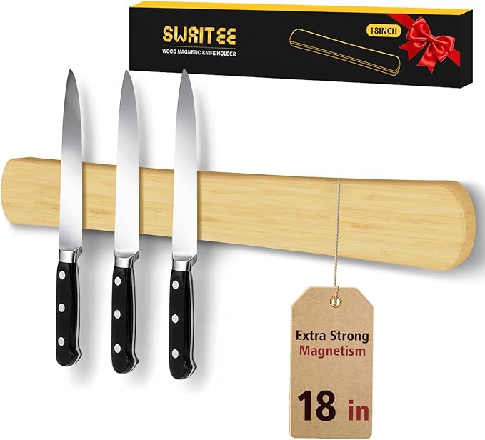 Swaitee Magnetic Knife Holder for Wall, 18 Inch Bamboo Magnetic Knife Strip, Kitchen Storage Organizer, Fridge Side Mount, Housewarming Gifts for New Home