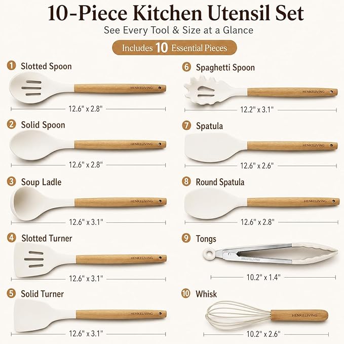 Silicone 10 Pcs Kitchen Cooking Utensils Set, Recycled Materials Certification, BPA Free Spatula Set with Heat Resistant Wood Handles for Nonstick Cookware, Cream White
