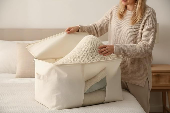 DoYiKe Soft Large Canvas Comforter Storage Bags with Four Carrying Handles and Clear Window, Closet Organizer for Clothing, Blankets Sheets Pillows and Bedding, 80L, Beige