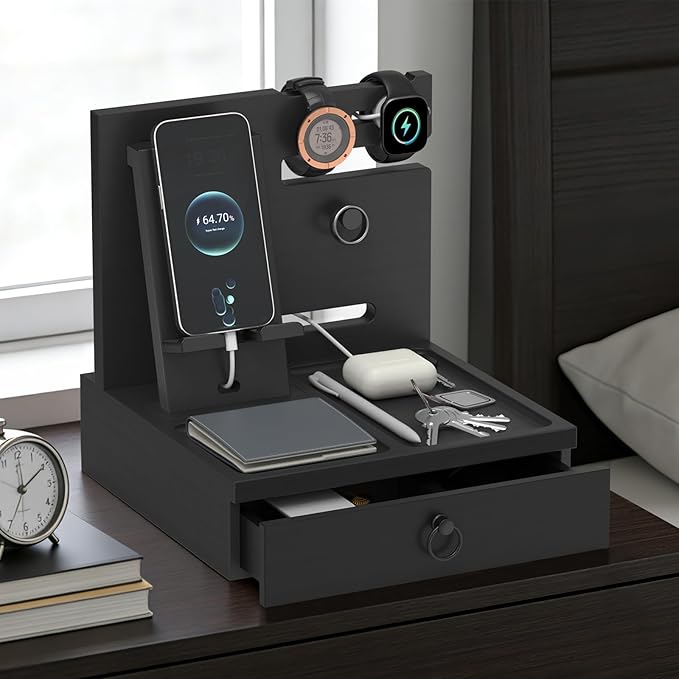 upcessory Nightstand Organizer, Wood Bedside Organizer Docking Station with USB Ports and Outlets, Gifts for Men, Nightstand Drawer Organizer for Cellphone, Watch, Sunglasses & Accessorie